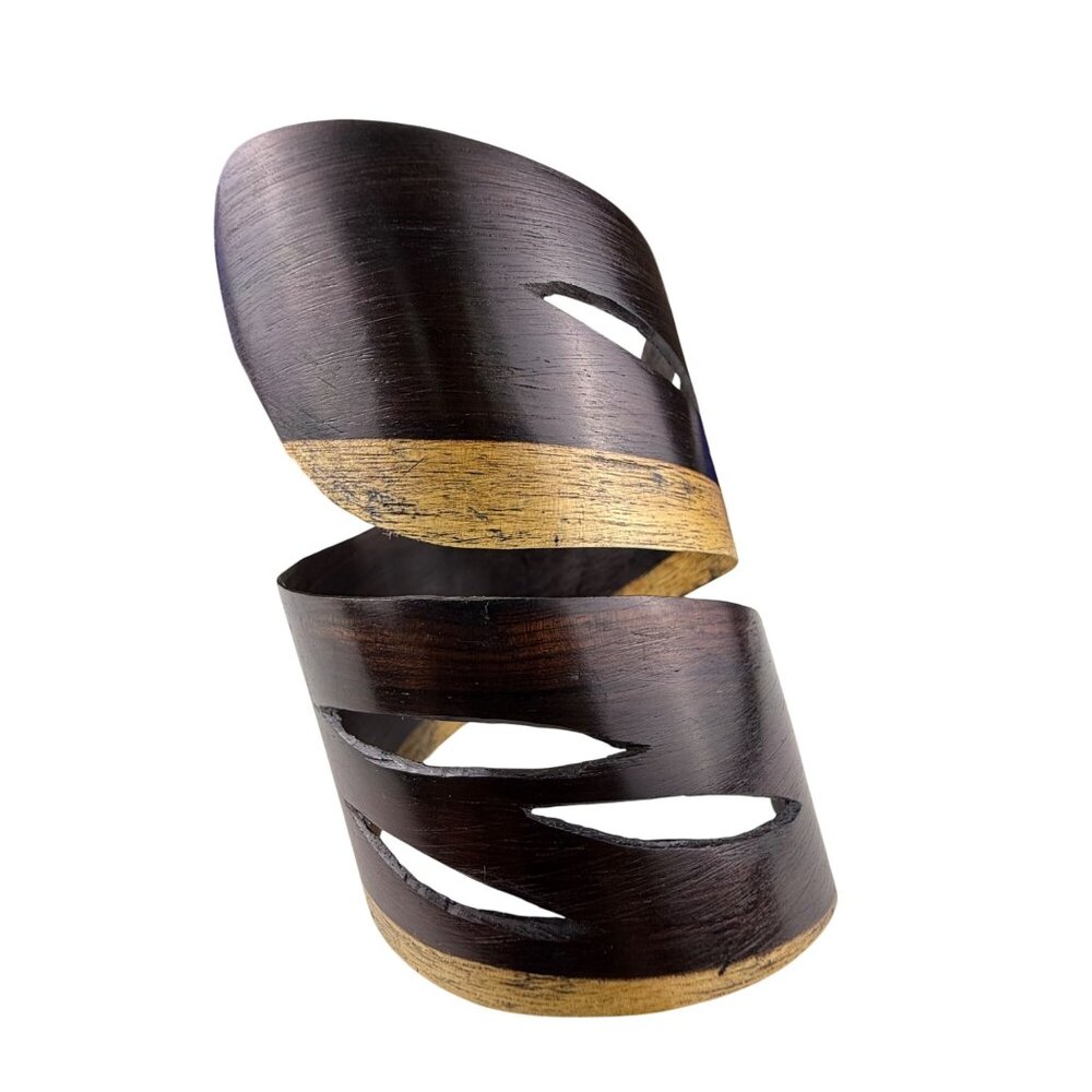 Handcrafted Vintage Dark Wood & Gold Tone Open Cuff Bracelet Adjustable Boho Des